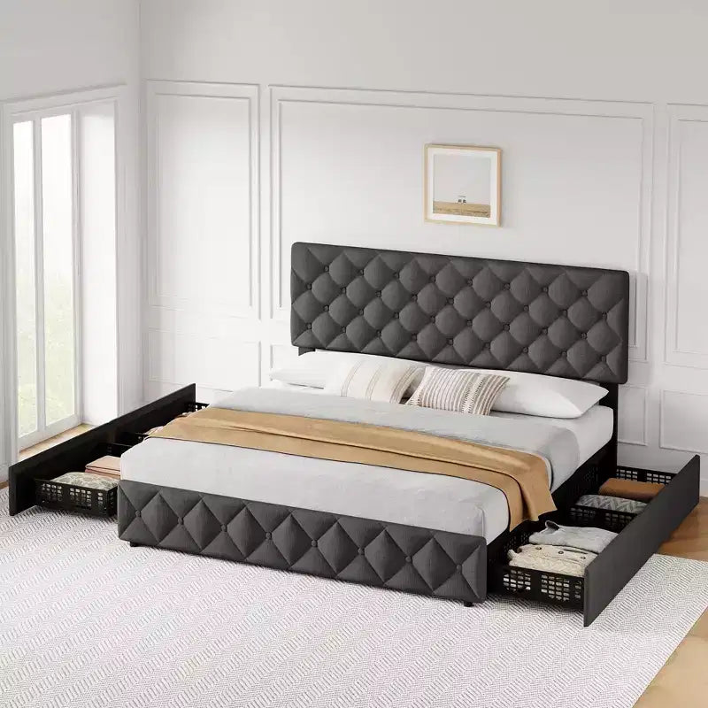 Letto matrimoniale king size con piattaforma imbottita grigia e 4 cassetti contenitore, testiera trapuntata regolabile, supporto a doghe in legno, non è richiesta la rete