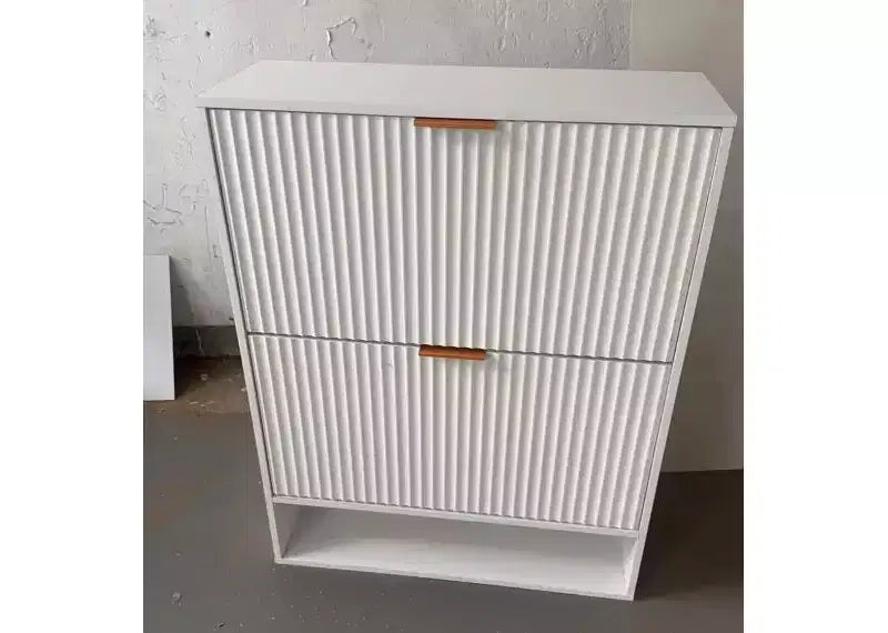 Scarpiera a Scomparsa, Mobile Scarpiera Sottile con 2 Cassetti a Ribalta e Ripiano Inferiore Aperto, Organizer Autoportante per Ingresso
