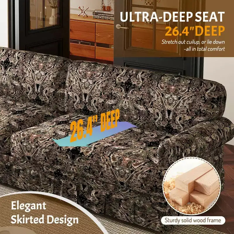 MAYEERTY Divano Cloud 3 e 4 Posti Lussuosamente Confortevole, in Tessuto Chenille con Braccioli Arrotondati e Gonna Plissettata Nera Floreale