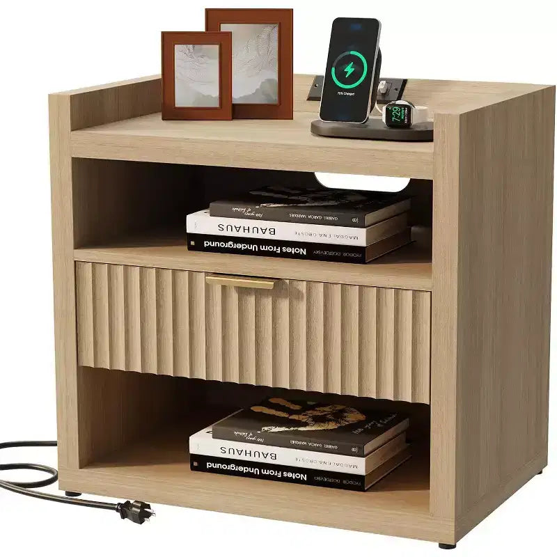 Tavolino in Legno con Stazione di Ricarica Comodino a 1 Cassetto Grande Tavolino Moderno Contenitore Mobiletto d'Appoggio per Soggiorno Camera da Letto Ufficio USB