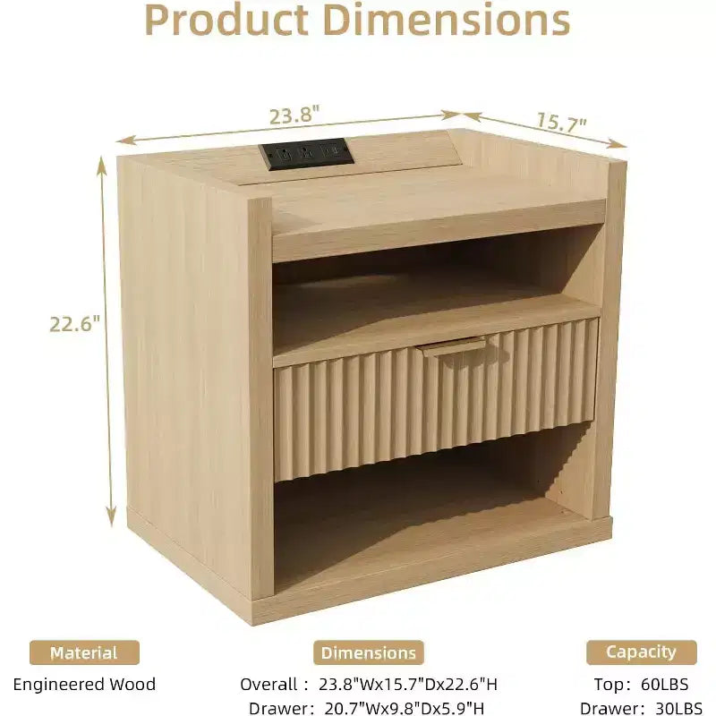 Tavolino in Legno con Stazione di Ricarica Comodino a 1 Cassetto Grande Tavolino Moderno Contenitore Mobiletto d'Appoggio per Soggiorno Camera da Letto Ufficio USB