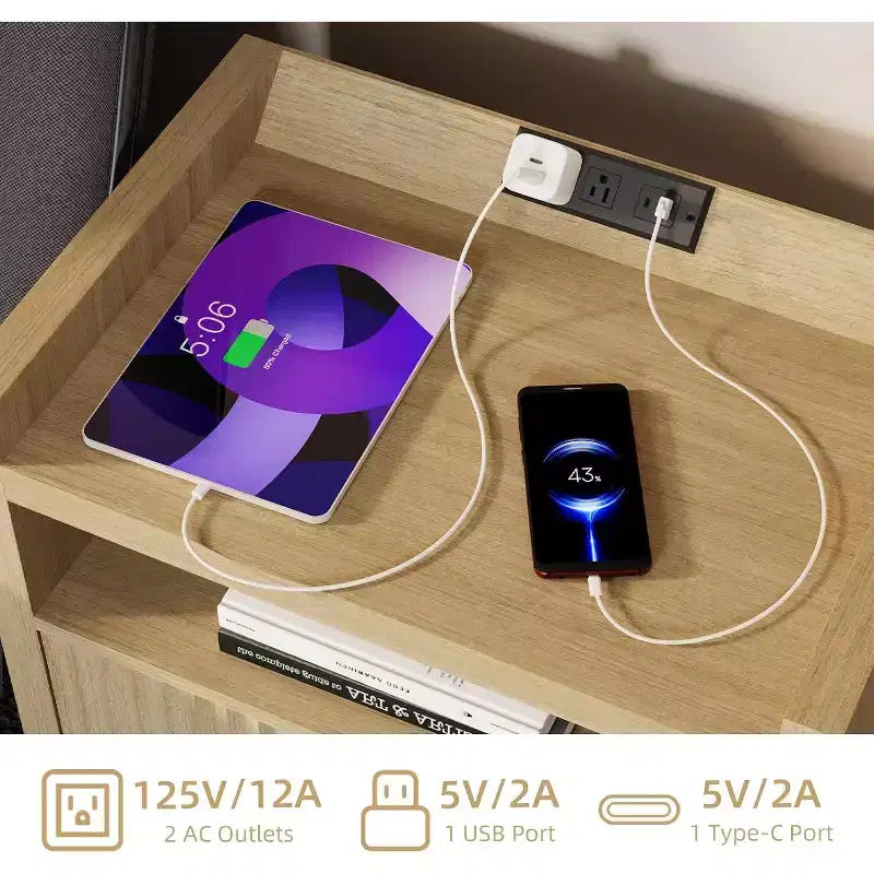 Tavolino in Legno con Stazione di Ricarica Comodino a 1 Cassetto Grande Tavolino Moderno Contenitore Mobiletto d'Appoggio per Soggiorno Camera da Letto Ufficio USB