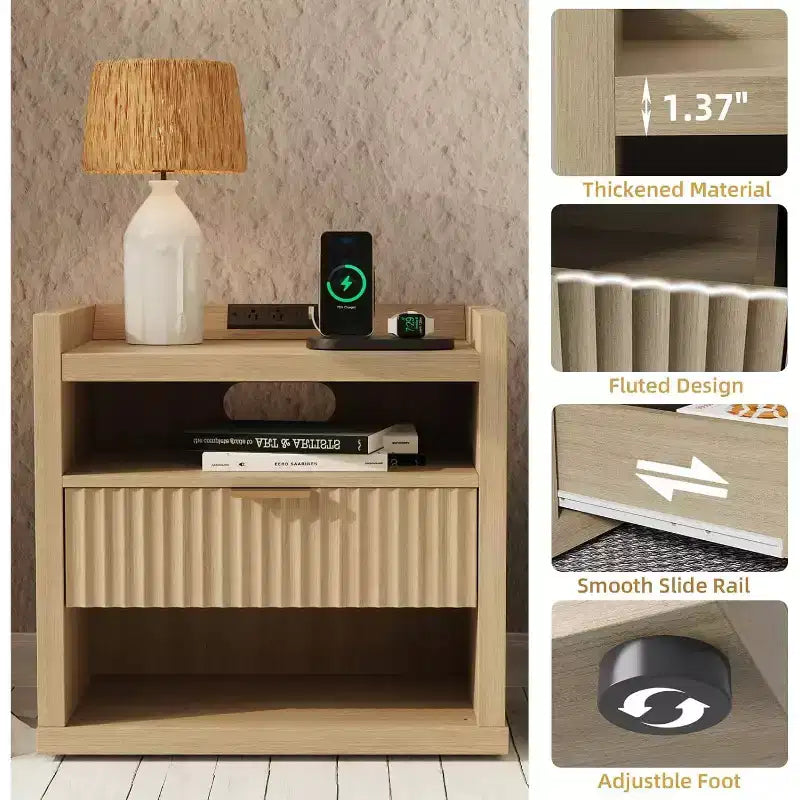 Tavolino in Legno con Stazione di Ricarica Comodino a 1 Cassetto Grande Tavolino Moderno Contenitore Mobiletto d'Appoggio per Soggiorno Camera da Letto Ufficio USB