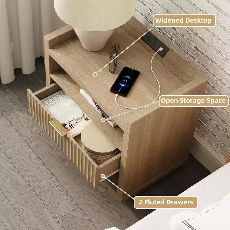 Tavolino in Legno con Stazione di Ricarica Comodino a 1 Cassetto Grande Tavolino Moderno Contenitore Mobiletto d'Appoggio per Soggiorno Camera da Letto Ufficio USB