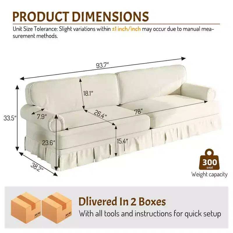 Divano a nuvola MAYEERTY di lusso e comfort a 3 e 4 posti, divano in tessuto ciniglia con braccioli arrotolati e gonna a pieghe Beige