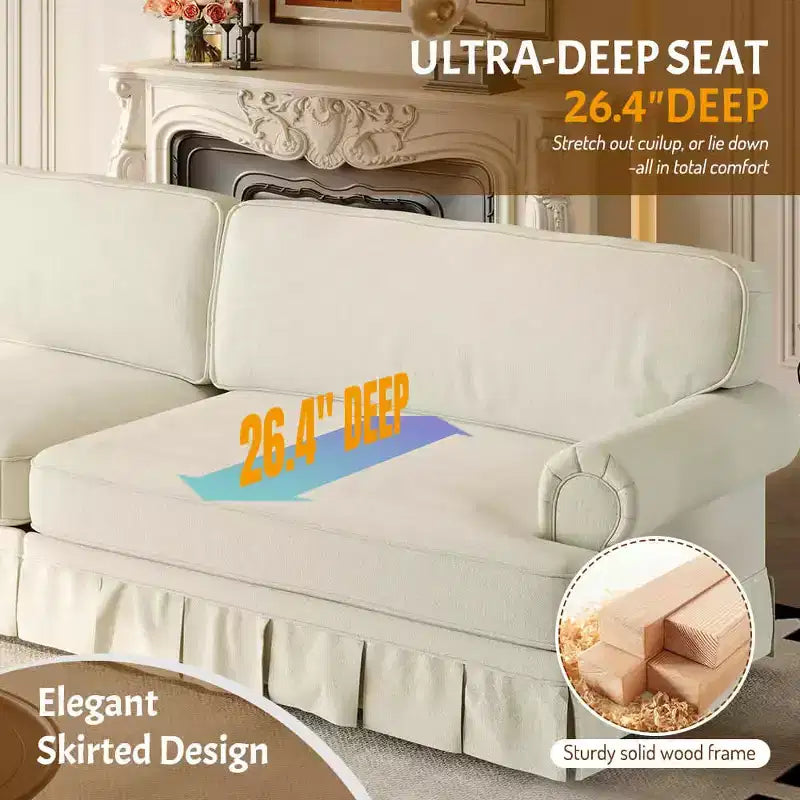Divano a nuvola MAYEERTY di lusso e comfort a 3 e 4 posti, divano in tessuto ciniglia con braccioli arrotolati e gonna a pieghe Beige