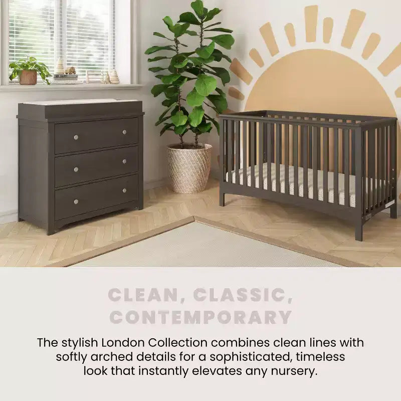 Culla trasformabile Child Craft London 4-in-1, trasformabile in lettino per bambini, lettino da giorno e letto a una piazza e mezza, 3 posizioni per il materasso, finitura sicura per neonati (Dapper Gray)
