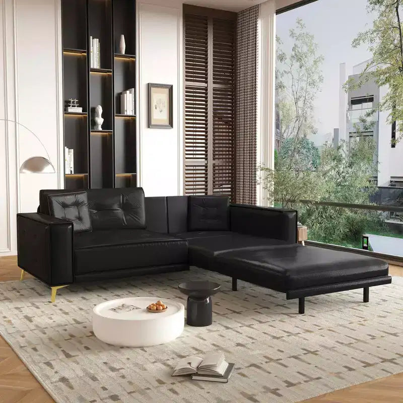 MAYEERTY 92.1 Divano Letto Estraibile King Size, Divano Letto Convertibile 3-in-1 in Ecopelle con Braccioli Ultra Larghi 2 Cuscini Nero