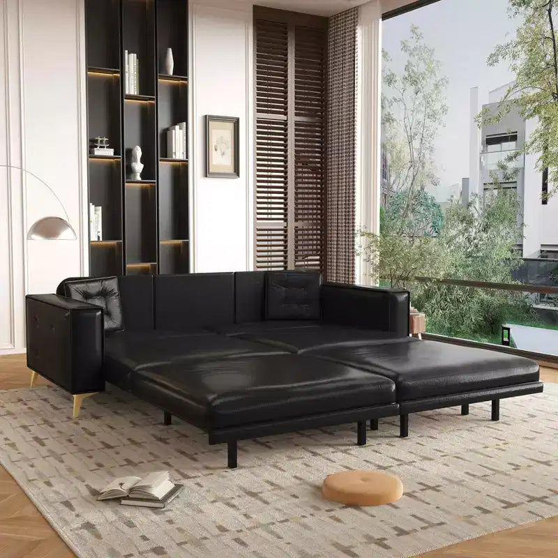 MAYEERTY 92.1 Divano Letto Estraibile King Size, Divano Letto Convertibile 3-in-1 in Ecopelle con Braccioli Ultra Larghi 2 Cuscini Nero