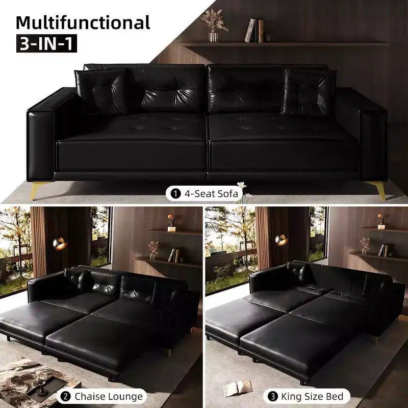 MAYEERTY 92.1 Divano Letto Estraibile King Size, Divano Letto Convertibile 3-in-1 in Ecopelle con Braccioli Ultra Larghi 2 Cuscini Nero