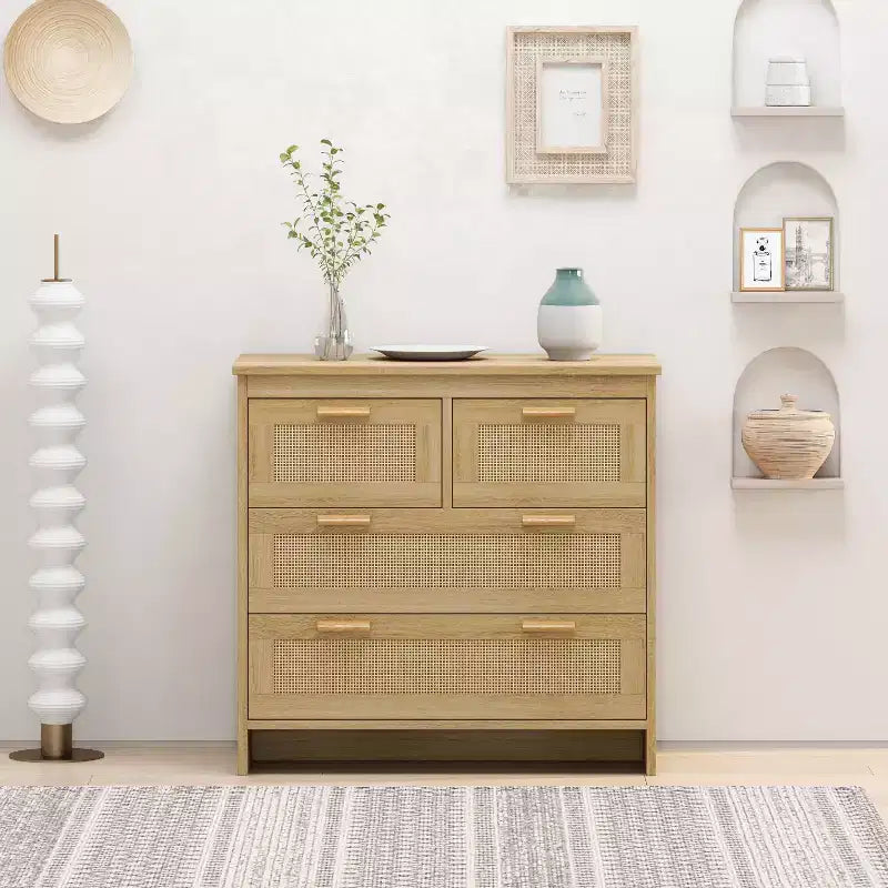 Cassettiera in Rattan a 4 Cassetti, Mobile Contenitore con Frontali in Rattan, Comò Orizzontale per Camera da Letto, Soggiorno, Sala da Pranzo e Corridoio - Panipeachy