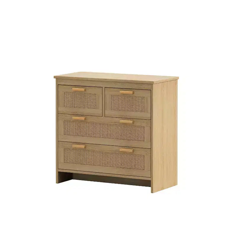 Cassettiera in Rattan a 4 Cassetti, Mobile Contenitore con Frontali in Rattan, Comò Orizzontale per Camera da Letto, Soggiorno, Sala da Pranzo e Corridoio - Panipeachy