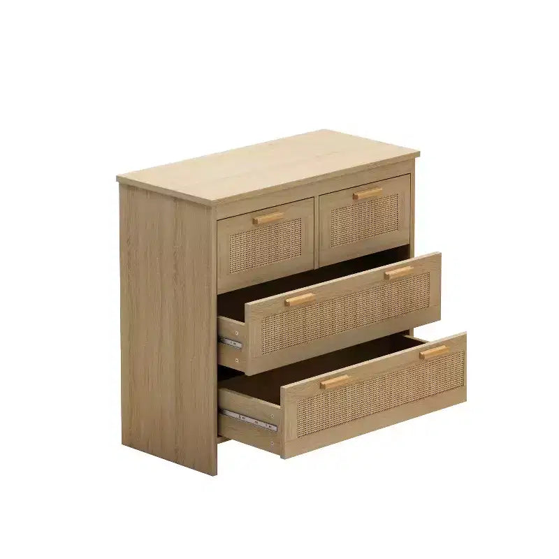 Cassettiera in Rattan a 4 Cassetti, Mobile Contenitore con Frontali in Rattan, Comò Orizzontale per Camera da Letto, Soggiorno, Sala da Pranzo e Corridoio - Panipeachy