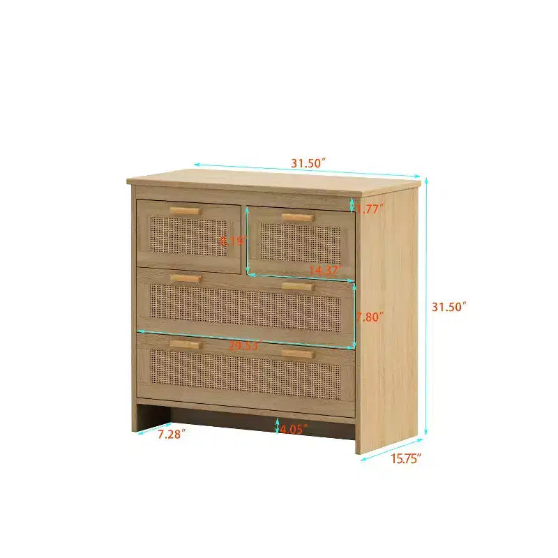 Cassettiera in Rattan a 4 Cassetti, Mobile Contenitore con Frontali in Rattan, Comò Orizzontale per Camera da Letto, Soggiorno, Sala da Pranzo e Corridoio - Panipeachy