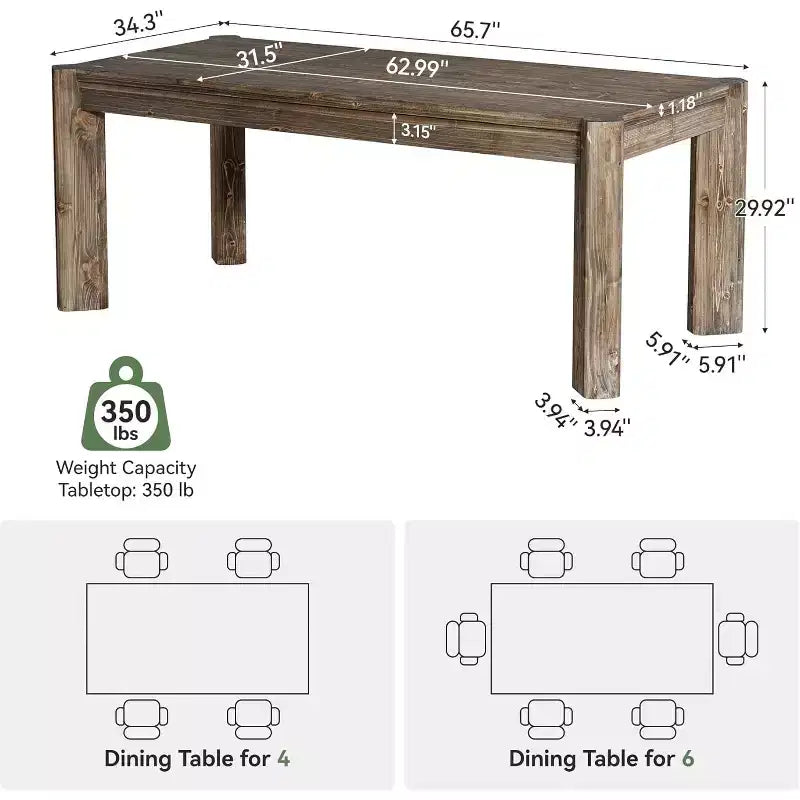 Tavolo da pranzo Lantine 63 in legno massello per 6 persone, tavolo da cucina in stile rustico con gambe robuste per la sala da pranzo, facile montaggio