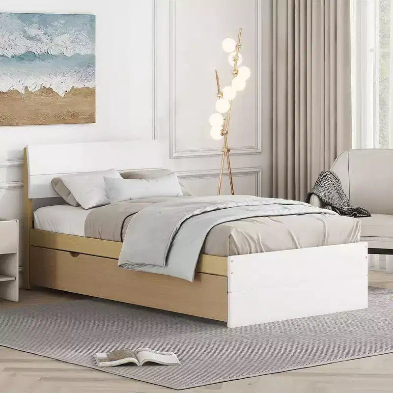 Twin Bed Frame with High Gloss Headboard Footboard, Twin Wood Platform Bed with Trundle, Single Bed, No Spring Box Needed for Bedroom, Guest Room