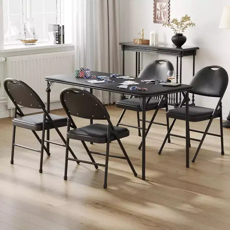 Tavolo da gioco pieghevole portatile e set di sedie per 4 persone, tavolo e sedie imbottiti in PU da 5 pezzi, per campeggio, sala da pranzo, ufficio