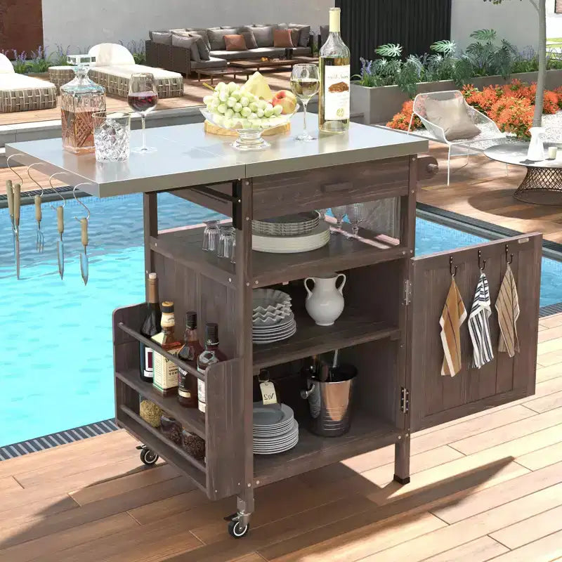 Carrello Grill con Ripostiglio, Isola da Cucina per Patio Tavolo Grill Esterno con Ruote Bloccabili e Ribaltina, Carrello BBQ Stand Mobile per Forno Pizza