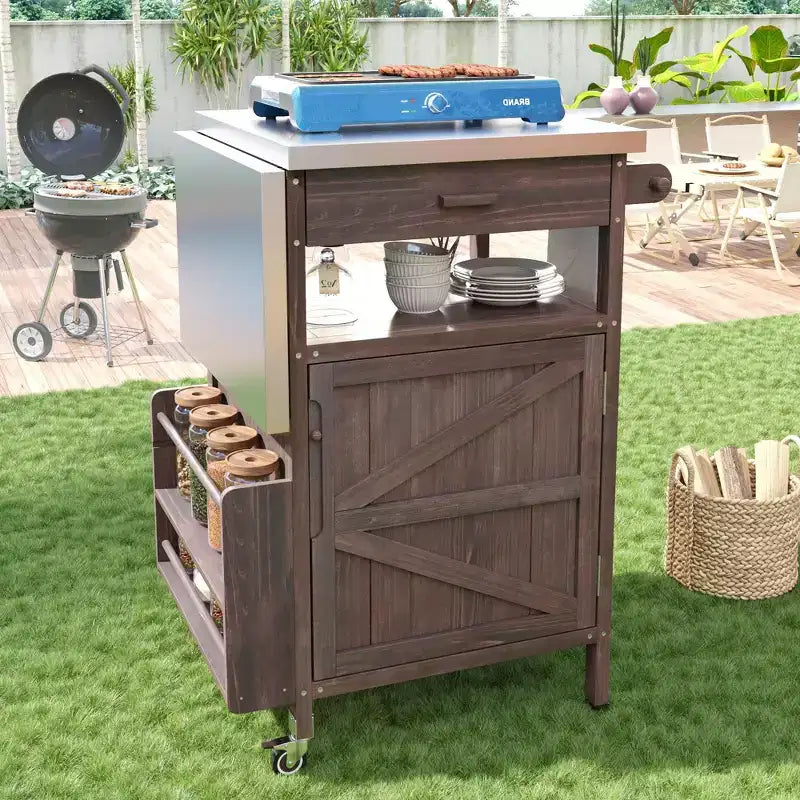 Carrello Grill con Ripostiglio, Isola da Cucina per Patio Tavolo Grill Esterno con Ruote Bloccabili e Ribaltina, Carrello BBQ Stand Mobile per Forno Pizza