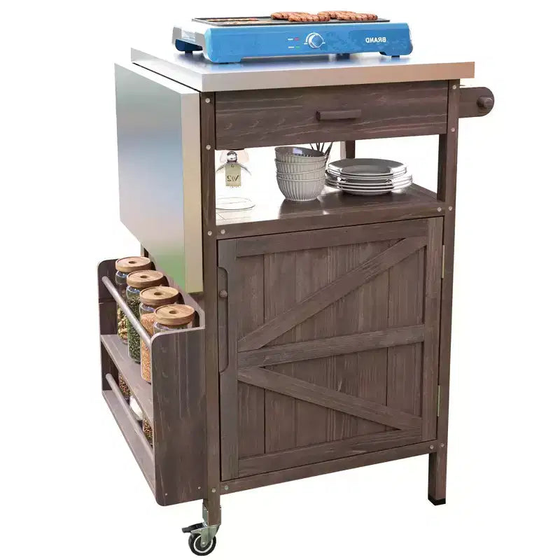 Carrello Grill con Ripostiglio, Isola da Cucina per Patio Tavolo Grill Esterno con Ruote Bloccabili e Ribaltina, Carrello BBQ Stand Mobile per Forno Pizza