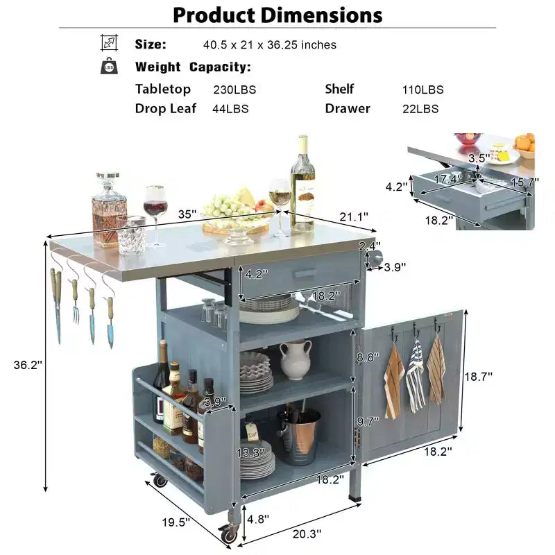 Carrello Grill con Ripostiglio, Isola da Cucina per Patio Tavolo Grill Esterno con Ruote Bloccabili e Ribaltina, Carrello BBQ Stand Mobile per Forno Pizza