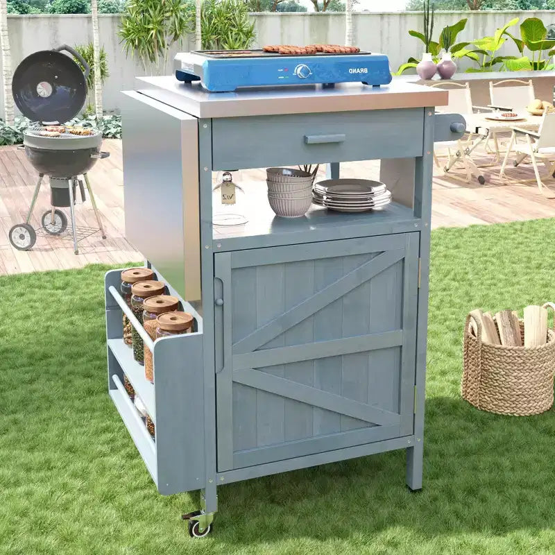 Carrello Grill con Ripostiglio, Isola da Cucina per Patio Tavolo Grill Esterno con Ruote Bloccabili e Ribaltina, Carrello BBQ Stand Mobile per Forno Pizza