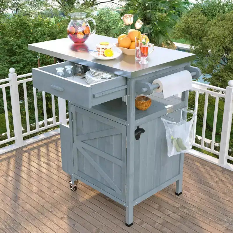 Carrello Grill con Ripostiglio, Isola da Cucina per Patio Tavolo Grill Esterno con Ruote Bloccabili e Ribaltina, Carrello BBQ Stand Mobile per Forno Pizza