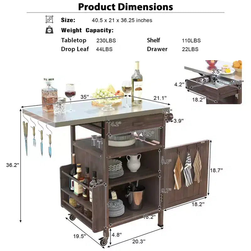 Carrello Grill con Ripostiglio, Isola da Cucina per Patio Tavolo Grill Esterno con Ruote Bloccabili e Ribaltina, Carrello BBQ Stand Mobile per Forno Pizza