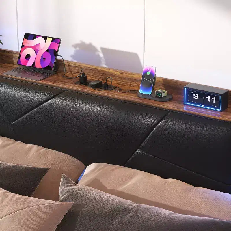 Besiost Letto Imbottito con Contenitore, Testiera con Stazione di Ricarica e Luce LED