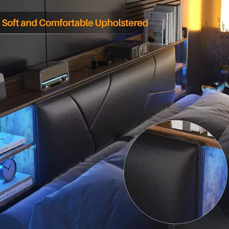 Besiost Letto Imbottito con Contenitore, Testiera con Stazione di Ricarica e Luce LED