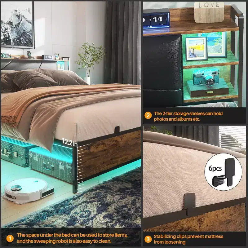 Besiost Letto Imbottito con Contenitore, Testiera con Stazione di Ricarica e Luce LED