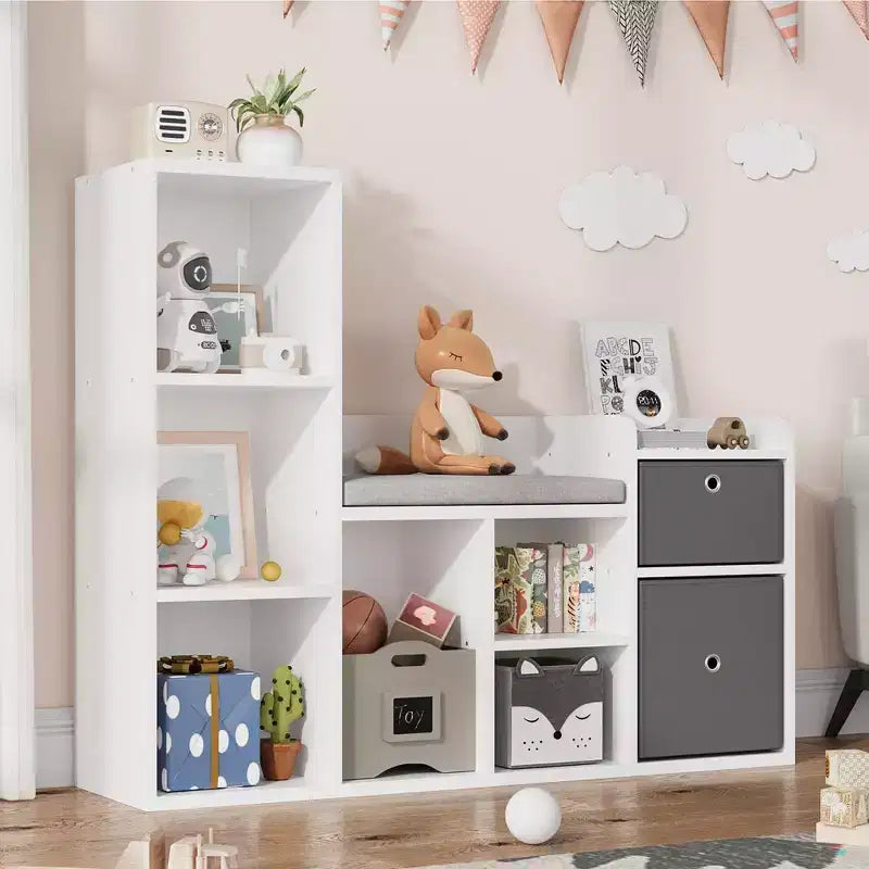 COZONY 44 Libreria per bambini con angolo lettura, libreria a forma di casa delle bambole con cuscino, 6 scomparti e 2 cassetti