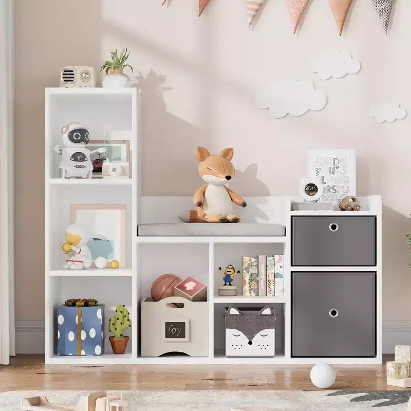 COZONY 44 Libreria per bambini con angolo lettura, libreria a forma di casa delle bambole con cuscino, 6 scomparti e 2 cassetti