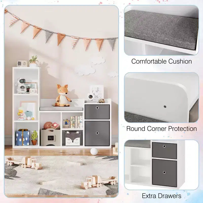 COZONY 44 Libreria per bambini con angolo lettura, libreria a forma di casa delle bambole con cuscino, 6 scomparti e 2 cassetti
