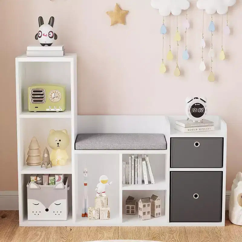 COZONY 44 Libreria per bambini con angolo lettura, libreria a forma di casa delle bambole con cuscino, 6 scomparti e 2 cassetti
