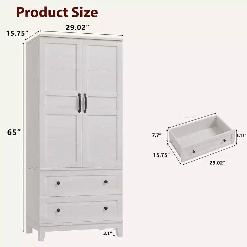 COZONY Armadio Alto con 2 Cassetti, Scaffale Regolabile Mobiletto da Terra Rustico con Ante, Bianco