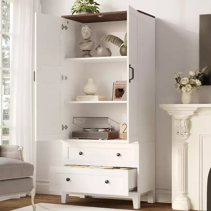 COZONY Armadio Alto con 2 Cassetti, Scaffale Regolabile Mobiletto da Terra Rustico con Ante, Bianco