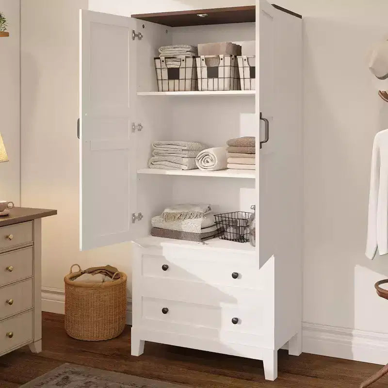 COZONY Armadio Alto con 2 Cassetti, Scaffale Regolabile Mobiletto da Terra Rustico con Ante, Bianco