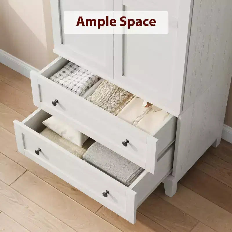 COZONY Armadio Alto con 2 Cassetti, Scaffale Regolabile Mobiletto da Terra Rustico con Ante, Bianco