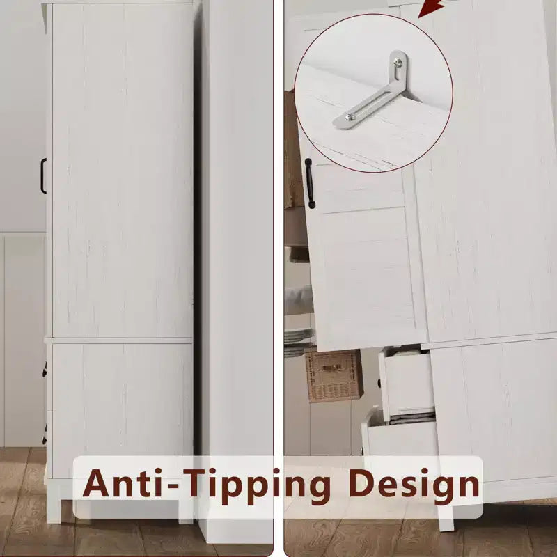 COZONY Armadio Alto con 2 Cassetti, Scaffale Regolabile Mobiletto da Terra Rustico con Ante, Bianco