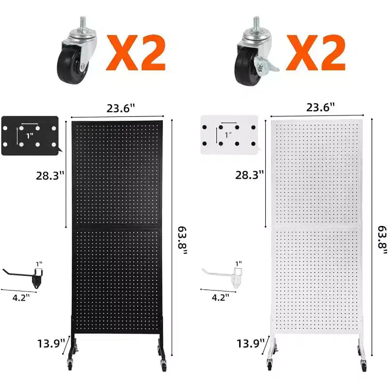 Espositore da Terra in Metallo con Pannello Forato Resistente, Organizer 60x150cm con Base a T Regolabile, Ruote e 10 Ganci per Negozi, Mercati, Garage