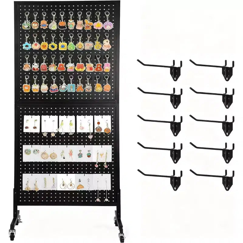 Espositore da Terra in Metallo con Pannello Forato Resistente, Organizer 60x150cm con Base a T Regolabile, Ruote e 10 Ganci per Negozi, Mercati, Garage