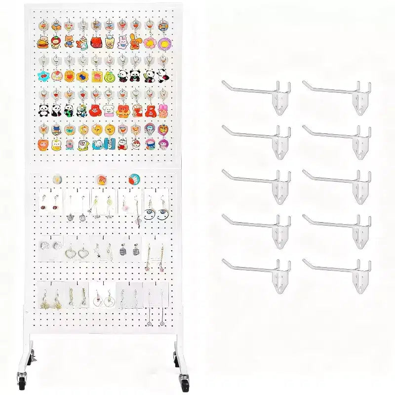 Espositore da Terra in Metallo con Pannello Forato Resistente, Organizer 60x150cm con Base a T Regolabile, Ruote e 10 Ganci per Negozi, Mercati, Garage