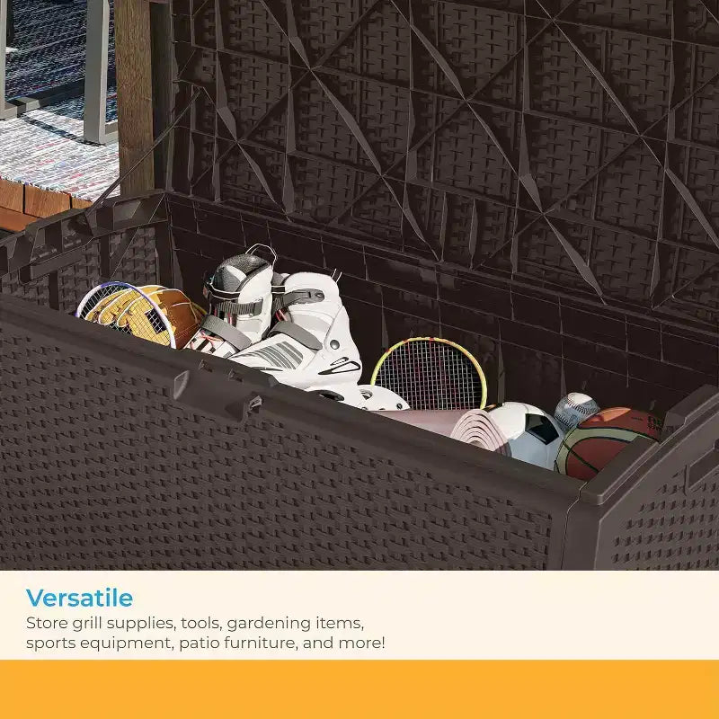 COZONY Baule portaoggetti da esterno in vimini da 375 litri, orizzontale resistente all'acqua con coperchio a cerniera per patio, terrazza, cortile, garage