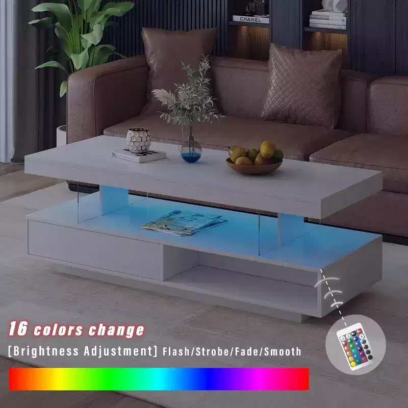 Tavolino da caffè illuminato a LED con vano portaoggetti 2 cassetti e ripiano espositivo, mobile moderno per soggiorno