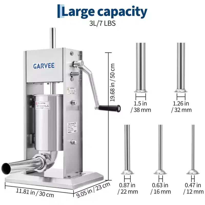 Insaccatrice per Salsicce - Insaccatrice Manuale in Acciaio Inox 304 con Ingranaggio a 2 Velocità e Regolazione della Coppia - Include 5 Imbuti e Kit di Pulizia