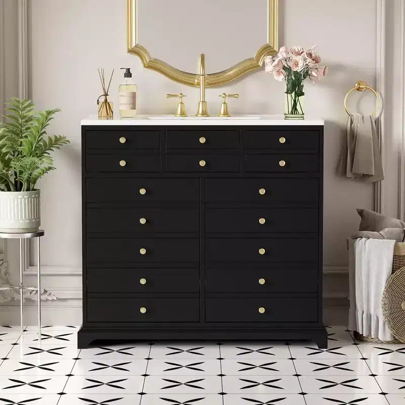 Mobile Bagno con Lavabo, Mobile Lavabo Bagno con 2 Cassetti e 2 Ante a Chiusura Ammortizzata, 16 Maniglie Decorative, Mobile Sottolavabo da Bagno in Legno Nero