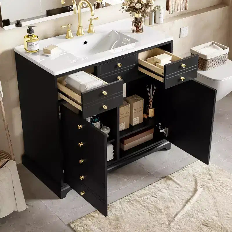 Mobile Bagno con Lavabo, Mobile Lavabo Bagno con 2 Cassetti e 2 Ante a Chiusura Ammortizzata, 16 Maniglie Decorative, Mobile Sottolavabo da Bagno in Legno Nero