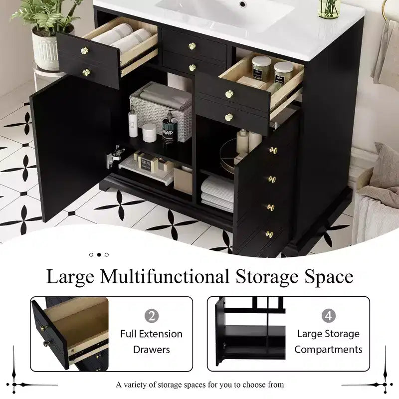 Mobile Bagno con Lavabo, Mobile Lavabo Bagno con 2 Cassetti e 2 Ante a Chiusura Ammortizzata, 16 Maniglie Decorative, Mobile Sottolavabo da Bagno in Legno Nero