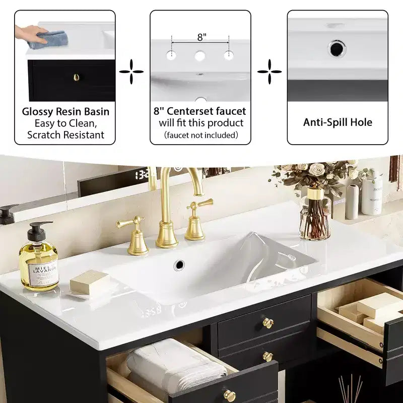 Mobile Bagno con Lavabo, Mobile Lavabo Bagno con 2 Cassetti e 2 Ante a Chiusura Ammortizzata, 16 Maniglie Decorative, Mobile Sottolavabo da Bagno in Legno Nero